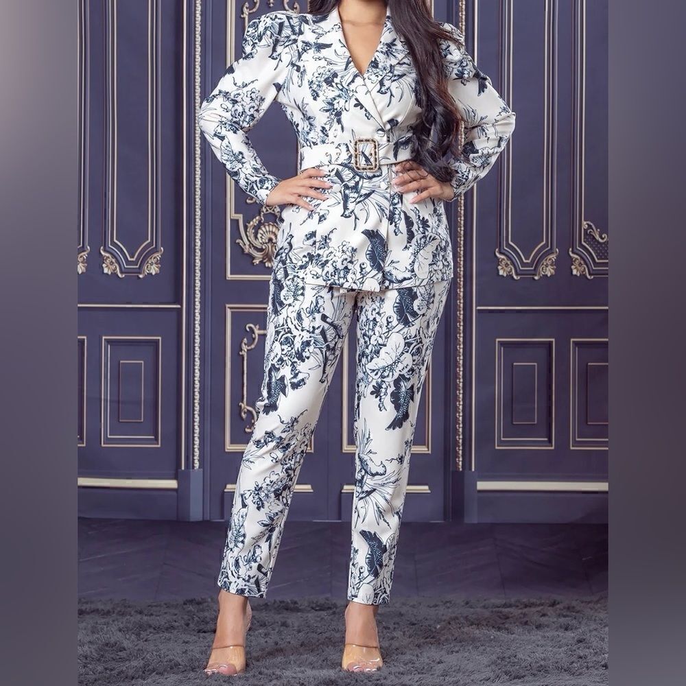 Bird Print Jacket and Cigarette Pants